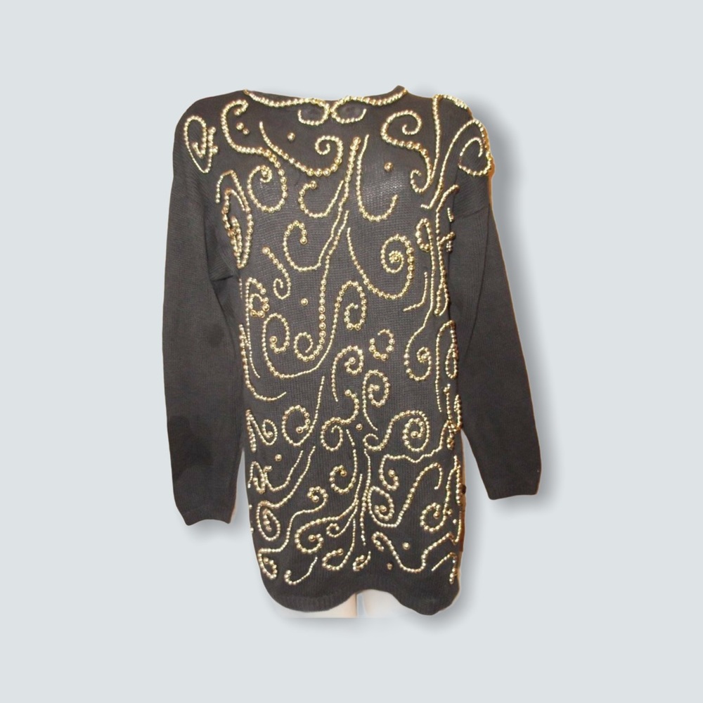 Vtg 80s Glam Sweater Shiny Goldtone Beads Sz M/L